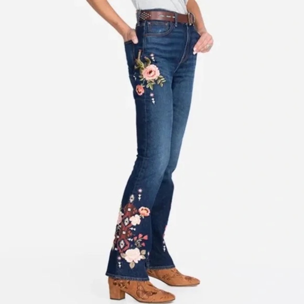 Johnny Was Dark Blue Embroidered Boot Cut Jeans